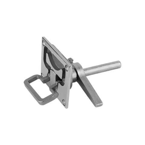 Stainless steel boat floor hatch lock with lift handle, installed on mounting plate
