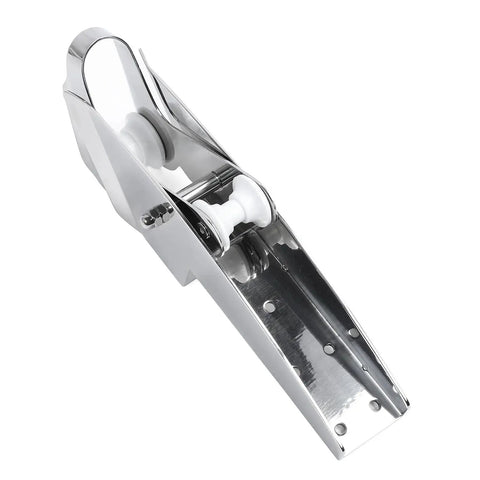 Bow anchor roller bracket in 316 stainless steel, hinged self-launching design; side view
