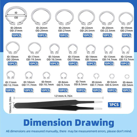 Diagram showing Ultimate 211 Piece C Clip External Retaining Ring Set In 304 Stainless Steel From 4mm To 28mm with tweezer by Glarks.