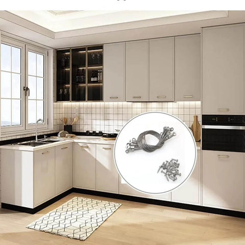 20pcs Cabinet Door Restraint, Cabinet Hinge Limiter, Limit Door Swing with Screws set in a modern kitchen setting.