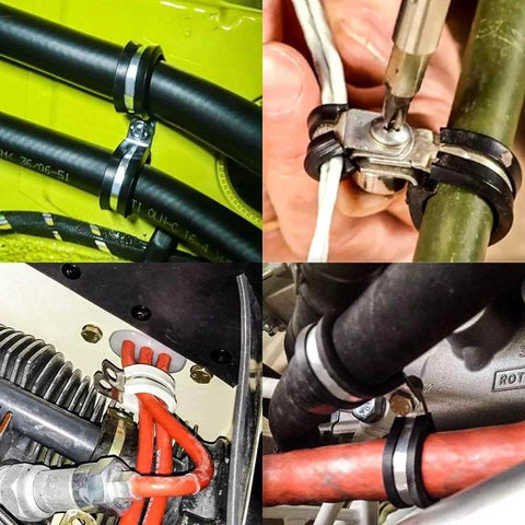 Twenty Pack Half Inch Stainless Steel Cable Clamp With Rubber Cushioned Insulation For Anti Rust Waterproof Conduit Wire Holder Strap Clips shown installed on various cables and pipes.