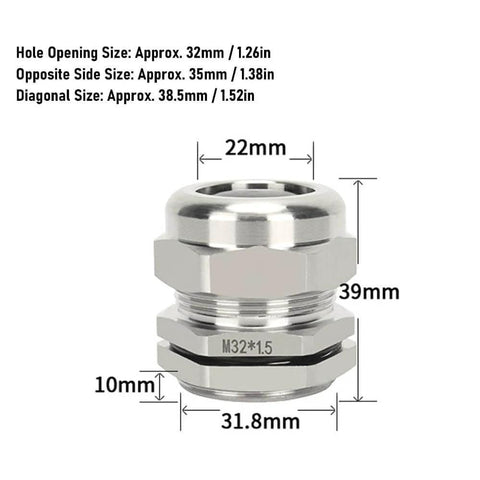 Front view of M32 Stainless Steel IP68 Cable Gland With Threaded Seal Sleeve For 15 To 22mm Cables For Motors Appliances And Marine Use Built Tough Waterproof Outdoor Ready Submersible Protection And Durable Seal, illustrating dimensions and structure.