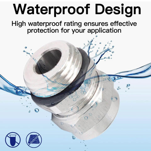 Close-up of Two Pack NPT Three Quarter Inch Waterproof Stainless Steel Cable Glands with water splashing, highlighting durability.