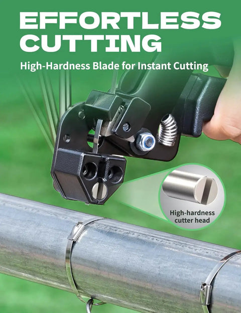 Heavy Duty Stainless Steel Cable Tie Gun Kit with high-hardness blade cutting steel ties on a chain link fence