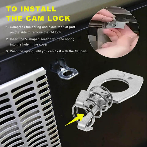 RV Water Heater Cam Lock 2 Pack Stainless Steel Twist Latch Fastener With Hook installation guide shown in image.
