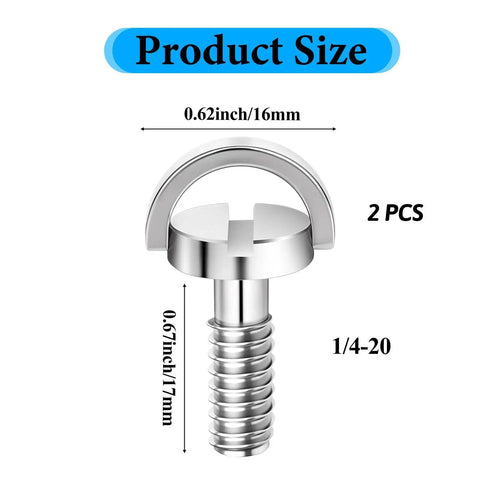 Two Pack One Quarter Twenty Thread D Ring Stainless Steel Camera Fixing Screws for tripod mounts and quick release plates, size details