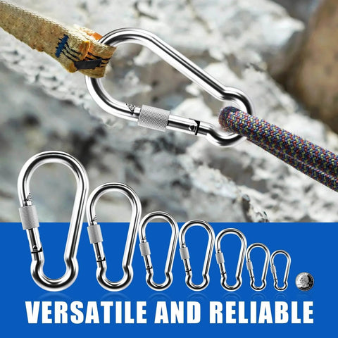 Two Pack Screw Locking Carabiners 4 Inch Heavy Duty Stainless Steel 304 Large Carabiner Clips shown in various angles