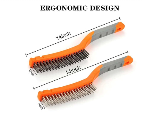 Stainless Steel Wire Brush and Carbon Steel Bristles Brush Set, Heavy Duty Wire Brushes, 14" Ergonomic Plastic Handle, 2 Pcs