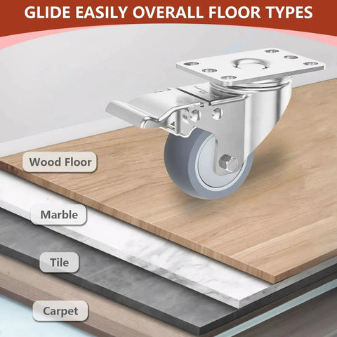 2 Inch Heavy Duty Stainless Steel Caster Wheels With Brake Swivel Set Of 4, 1000 Lbs Total Load, shown on various floor types