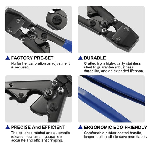 RTHIEAI Cinch Clamp Tool Kit For Stainless Steel PEX Clamps with blue ergonomic handle, close-up on mechanism details
