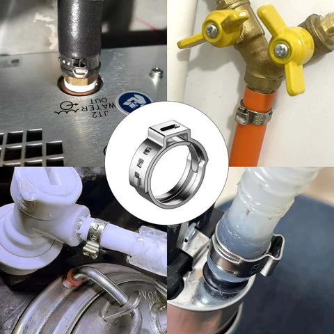 Installed RTHIEAI Cinch Clamp Tool Kit For Stainless Steel PEX Clamps Three Eighths To One Inch with clamp rings on pipes.