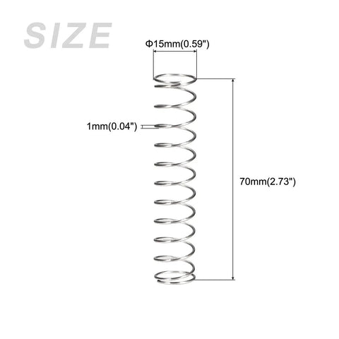 Side view of Pro Grade Heavy Duty Stainless Steel Compression Springs Pack Of 5, 15mm Outer Diameter, 70mm Free Length, 304 Stainless