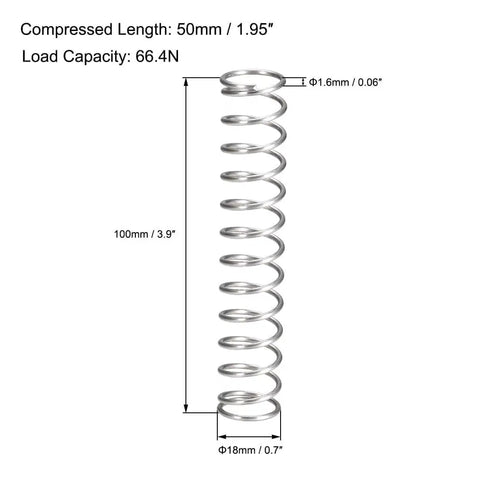 Front view of Heavy Duty Compression Spring Set In 304 Stainless Steel, 18mm Outer Diameter, 1.6mm Wire, 100mm Free Length.