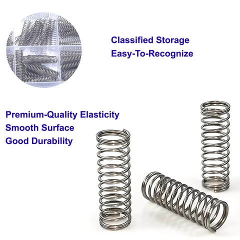 Compression Springs Set 24 Sizes 398 Pieces Of 304 Stainless Steel Coil Springs for DIY Repairs and Projects shown in close-up view.