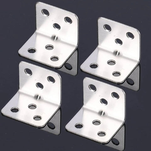Four pieces of 10 Pcs Stainless Steel Corner Bracket 90 Degree Right Angle L Bracket For Furniture Cabinet Connector Accessories Ideal For DIY Projects And Home Renovation With Six Holes 3.1x2.4x2.4 cm on black surface