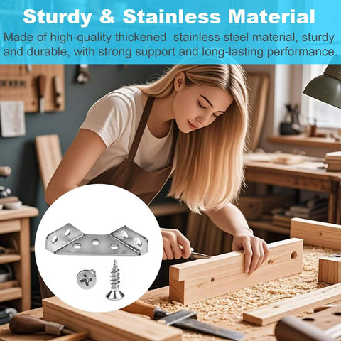 12-Pack Premium Stainless Steel Corner Brackets for Wood Frame, Universal Metal Hardware Corner Braces with Screws, displayed on table