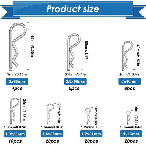 Diagram showing sizes of 304 Stainless Steel Cotter Pin Assortment Kit 13 Sizes Cotter Pins And R Clips for Hitch Pin Lock Systems