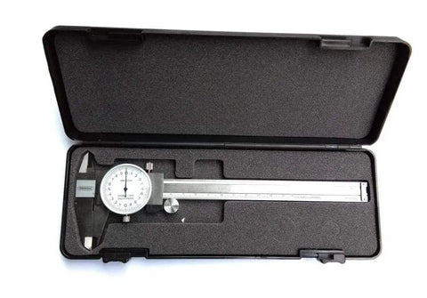 Six Inch Stainless Steel Dial Caliper in protective case, featuring 0.001 inch graduations and a lockable slide for precision measurement.