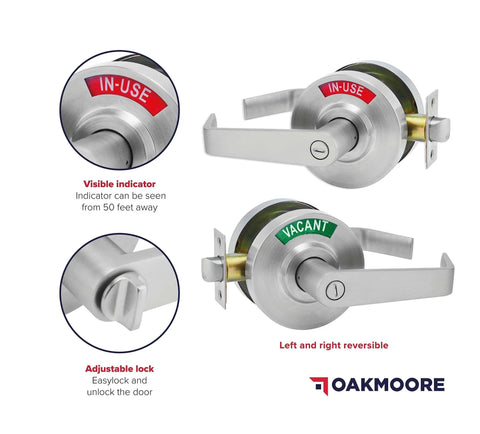 Commercial Door Handle With Vacant Occupied Indicator Restroom Lock for Public Bathrooms and Industrial Buildings, showing "Vacant" and "In Use" indicators, stainless steel.