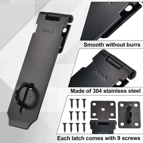 Two Pack 5 Inch Door Hasp Latch Locks 304 Stainless Steel Beefed Up Heavy Duty Gate Hinge Lock With Screws, black finish close-up