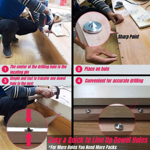 Using Ten Piece Stainless Steel Dowel Pin Center Tool Set For Woodworking, transferring hole positions with accuracy and sharp points