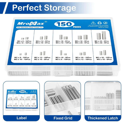 304 Stainless Steel Dowel Pins Set 150Pcs Assortment Kit With 20 Sizes From M2 To M5 in storage box for woodworking and metalworking.