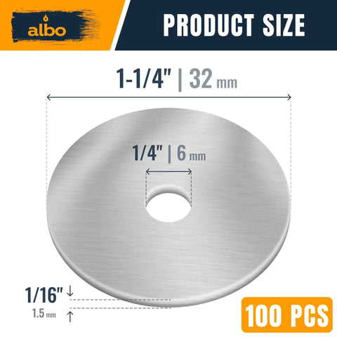 Close-up of 100 Pcs Stainless Fender Washers 1/4 X 1-1/4 Inch For Screws And Bolts, showing dimensions and 304 stainless steel material.