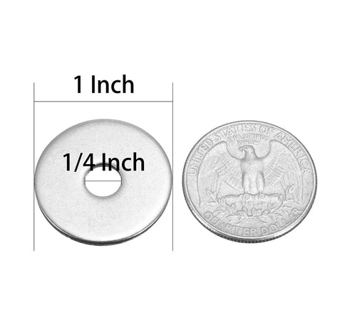 Stainless Steel Fender Washer 1/4 Inch ID 1 Inch OD 0.078 Inch Thick 304 40 Pcs next to a quarter for size comparison.