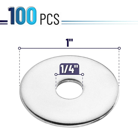Stainless Fender Washers 1/4 Inch Inner 1 Inch Outer Diameter Pack Of 100, detail of size in millimeters, single washer