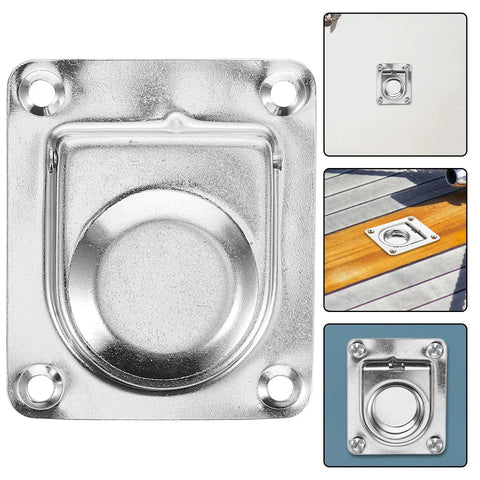 Front view of Healifty stainless steel flush pull ring handle (65×56mm) on square mounting plate with four screws.
