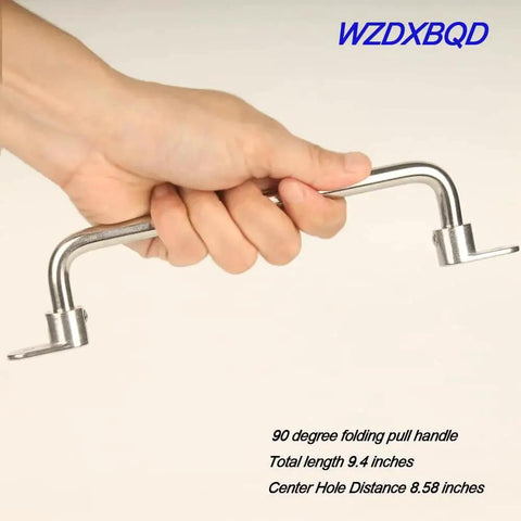 304 Stainless Steel Folding Pull Handle 90 Degree Folding Door Pull Cabinet Drawer Furniture Handle Heavy Duty 9.4 Inch Total Length 238 Mm Center Hole Distance 218 Mm Ideal For Cabinets Chests Tool Boxes And Furniture Easy Mounting held in a hand, demonstrating its foldable design.