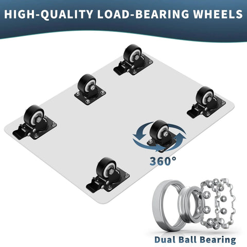 Heavy duty stainless steel furniture dolly with 6 swivel casters and dual ball bearings shown, highlighting non scratch rubber wheels.