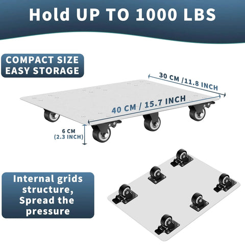 Heavy duty stainless steel furniture dolly with 6 swivel casters and 4 locking brakes, 1000 lb capacity, compact 16x12 inch platform.