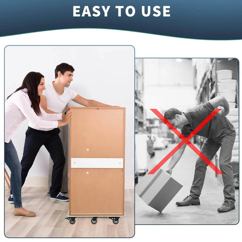 Couple moving a cabinet using heavy duty stainless steel furniture dolly with 6 swivel casters and 4 locking brakes