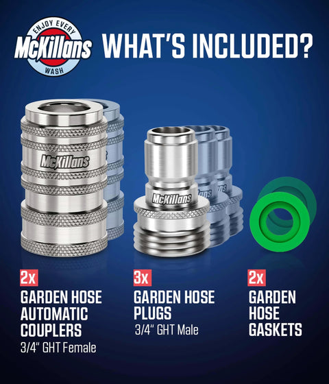 Automatic Garden Hose Quick Connect System With Stainless Steel Fittings Universal Fit Water Hose Connectors Push To Connect Quick Disconnect Adapter Instant Connection 5 Piece Kit including couplers, plugs, and gaskets.