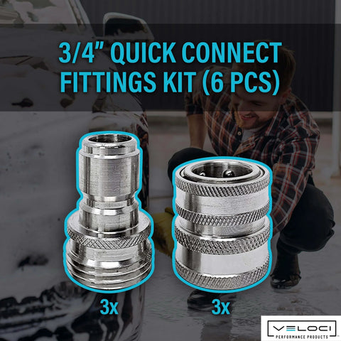 Three-Quarter-Inch Garden Hose Quick Connect Fittings Kit, Six-Piece Stainless Steel High-Pressure Couplings And Connectors For Pressure Washers And Car Detailing, Durable No-Fuss Quick-Connect System shown with a focus on metallic couplings.