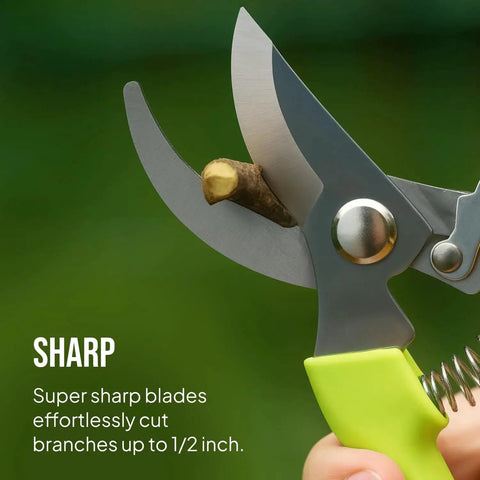 2 Pack Stainless Steel Gardening Scissors Set With Pruning Shears And Clippers cutting small branch, close-up view
