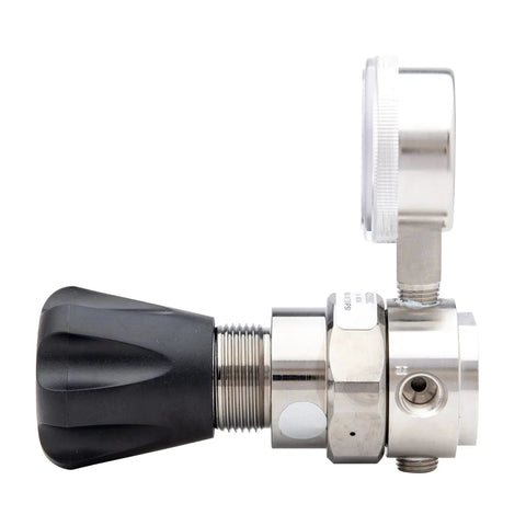 Side view of Workhorse High Purity Stainless Steel Gas Regulator for Nitrogen Helium Argon Carbon Dioxide Hydrogen Oxygen 0 to 250 PSIG Output Single Stage Pipeline Regulator HP743