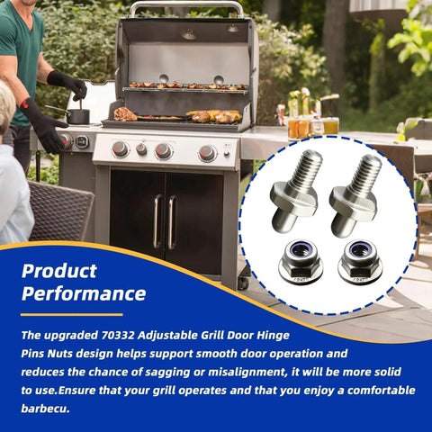Grill Door Hinge Pin Kit 2 Pack With Adjustable Bolt And Lock Nut For Genesis Spirit Summit Series Grills shown near a Weber grill