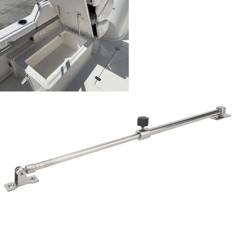 Front view of mirror-polished stainless steel boat hatch lid stay with sliding lock; 248-432mm adjustable, shown installed
