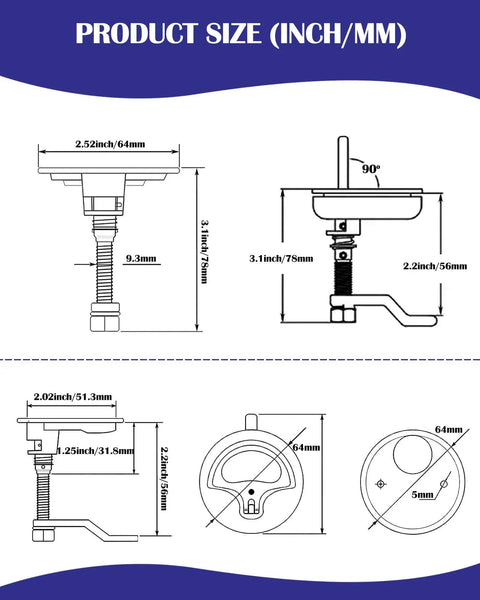 Technical diagram for 316 Stainless Steel Flush Boat Deck Hatch Latch For Marine Use Twist Design Non Locking Round D Handle Fits 2 Inch Cutouts.
