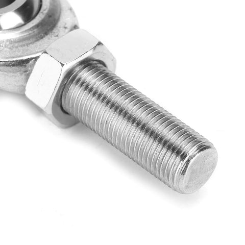 Close-up of 2 pcs right hand rod end heim joints, 1/2 inch bore with 1/2-20 male thread, stainless steel, corrosion resistant construction.