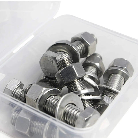 Box of 1/4-20 x 1-1/4 Inch Hex Bolts and Nuts Kit With Flat Washers and Lock Washers Stainless Steel 304 Assorted Fasteners 10 Sets