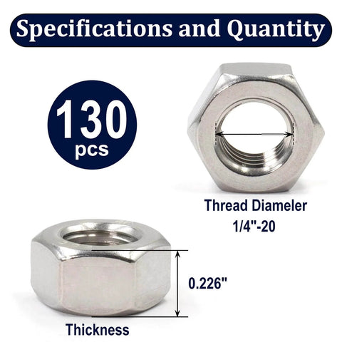 Specifications and dimensions of Quarter Inch 20 Stainless Steel Hex Nuts 304 A2-70 130 Pack Coarse Thread Hardware.