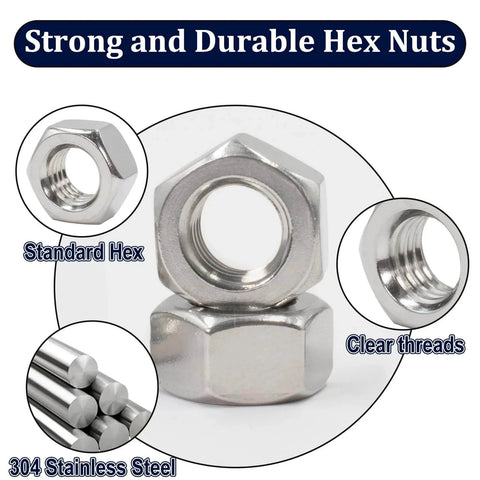 Image of Quarter Inch 20 Stainless Steel Hex Nuts 304 A2-70 130 Pack Coarse Thread Hardware, showcasing durability and threads.