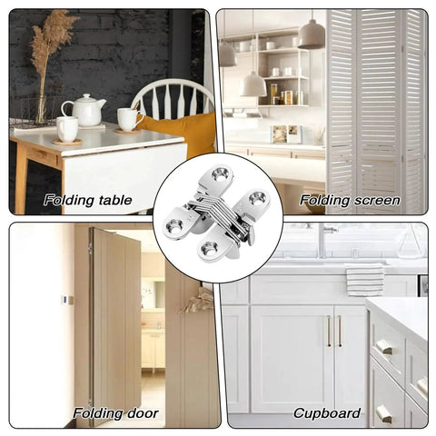 Four Pack Stainless Steel 180 Degree Hidden Hinges For Doors And Cabinets, showing hinge uses on table, screen, door, cupboard