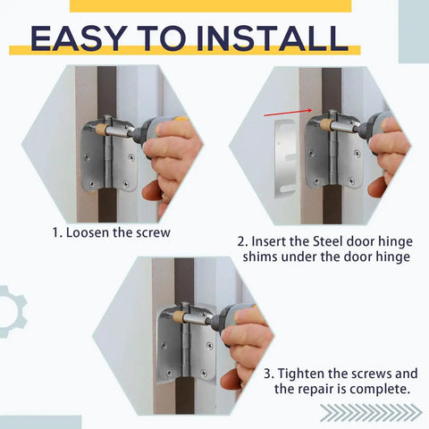 Illustration of installing Door Hinge Shim Kit 15 Pcs Stainless Steel Shims 3.5 Inch long for easy door repair.