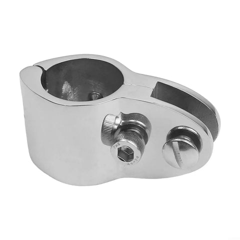 Front view of marine-grade stainless steel hinged jaw rail clamp for 25mm bimini top rail with screws