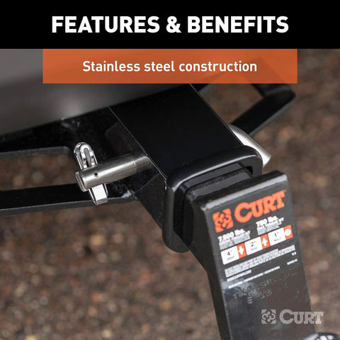 Stainless Steel Five Eighth Inch Hitch Pin With Integrated Swivel Clip Pivot Lock installed on trailer receiver