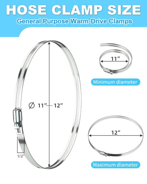 Hose Clamp Set Of Six 12 Inch 304 Stainless Steel Worm Gear Clamps For Fuel Lines Dryers Intercoolers Garden Water Piping Washing Machines And Automotive Plumbing 290mm To 310mm Clamp Size, showing clamp dimensions and design.